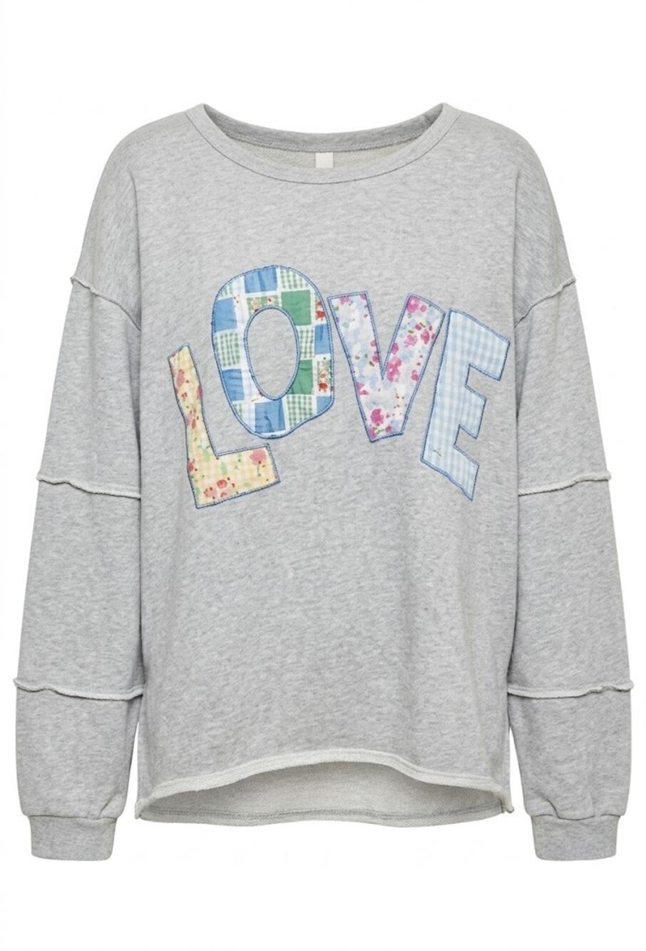 E1988. Easel Gray Love Patched Oversized Terry Tunic Pullover NWT
